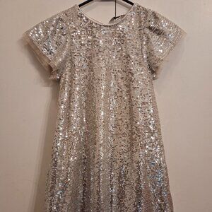 Girls beige/light gold sequin short sleeve dress - Sz 7 / 128cm